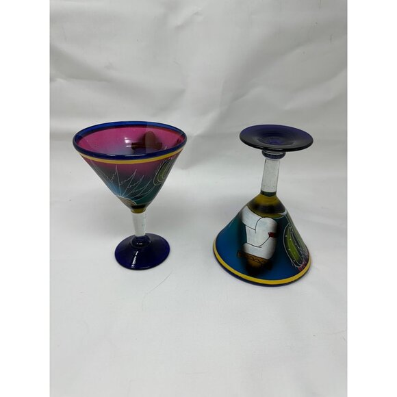 2 Hand-Painted Mexican Blown Glass Margarita Glasses Cactus Sleeping Man  Blue - Picture 14 of 16